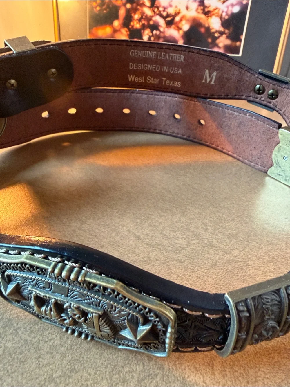 NWOT West Star Texas Western Brown Leather Belt with Ornate Antique Brass Buckle